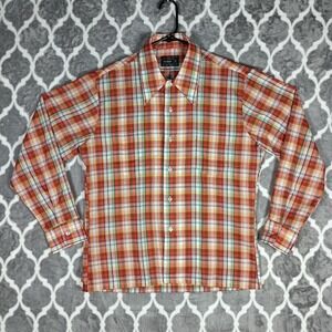 Vintage MW Shirt Men Medium Orange Green  Plaid Button Up Long Sleeve 70s Collar